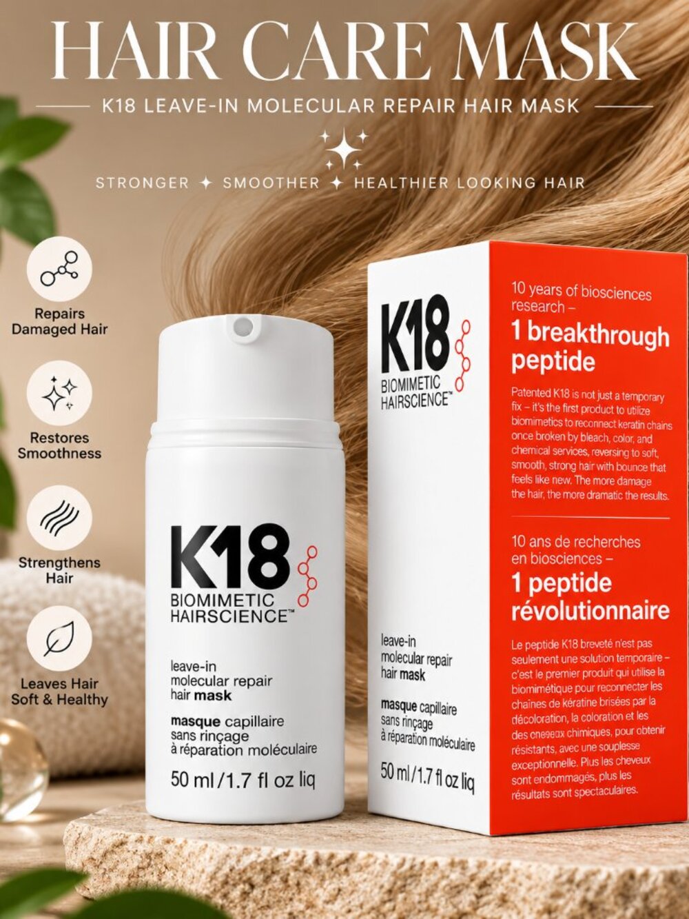 K18 Molecular Repair Hair Mask 2 Pack 50ml Each Leave-In Treatment - Picture 3 of 5